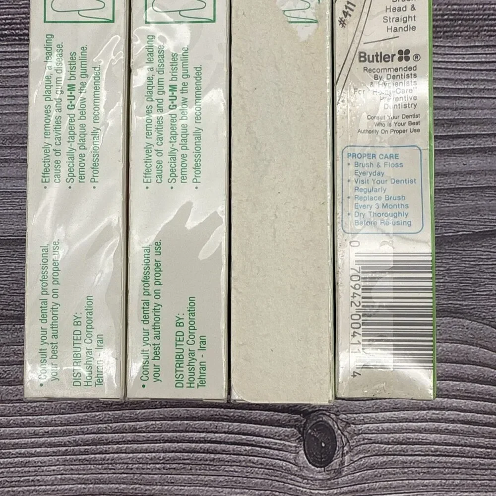 Lot 4 VTG Gum Butler 4-Row ADULT Full Size Head Toothbrush 411 Blue Yellow Red